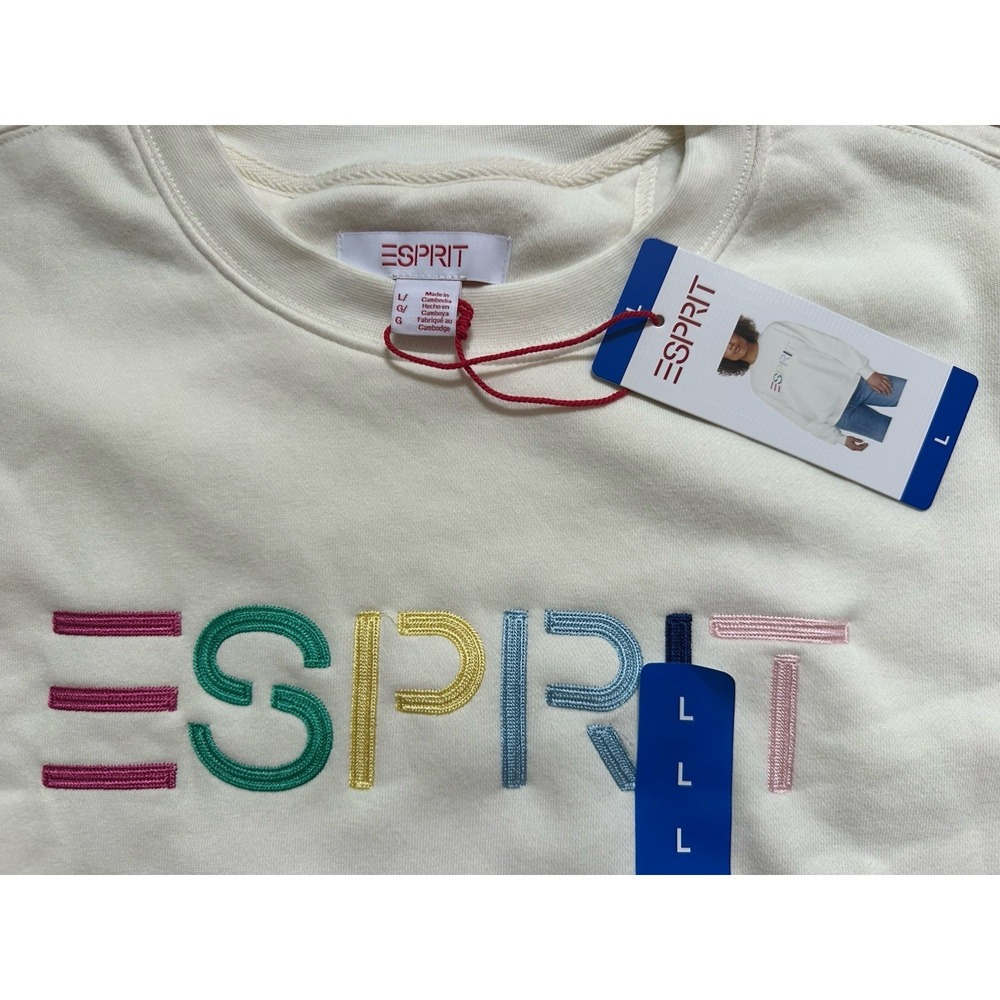 NEW ESPRIT Women's L Retro Logo Fleece Crew Sweatshirt Cream Viral 80's Costco - Picture 2 of 6